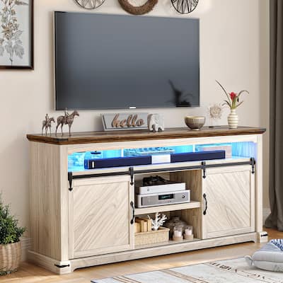 Moasis Farmhouse TV Stand for TV up to 75" Sliding Barn Door Media Console with LED Lights
