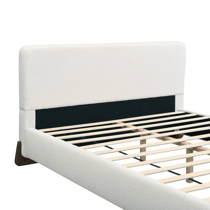 Boucle Upholstered Bed Low Profile Platform Bed Curved Wingback Bed