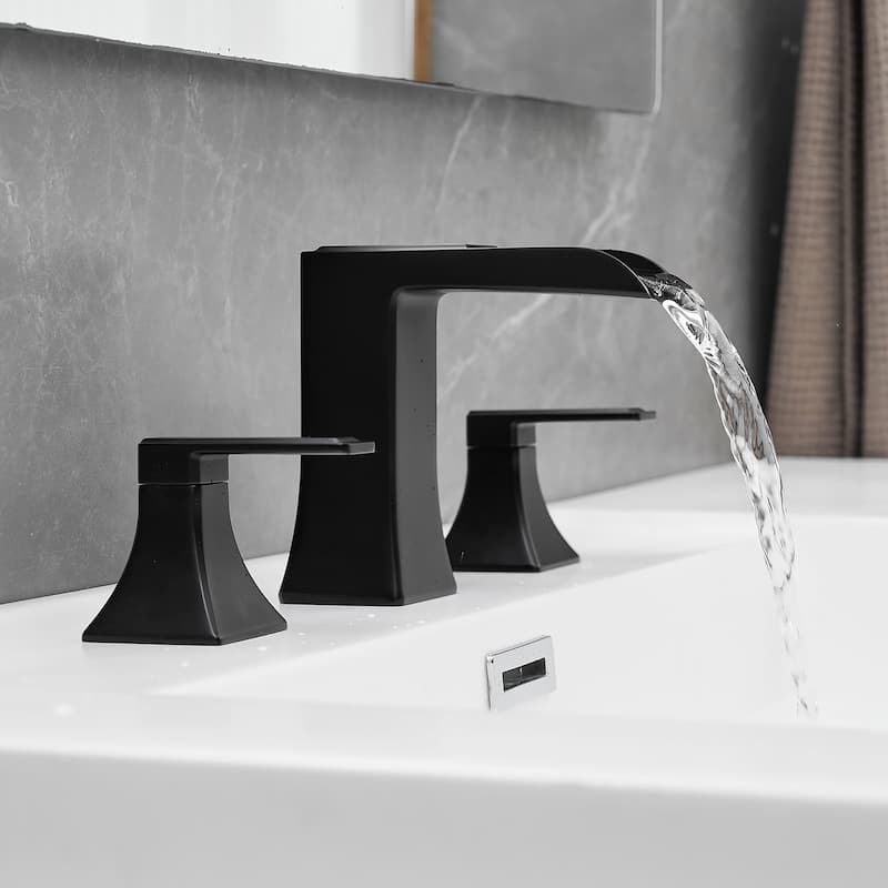 Double Handle Three-Hole Bath Waterfall Faucet with Drain - Matte Black