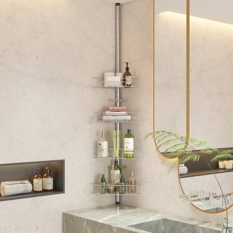 Tension Pole Corner Shower Caddy with 4 Adjustable Baskets