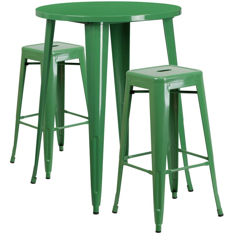 30'' Round Metal Indoor-Outdoor Bar Table Set with 2 Square Seat Backless Stools - 30"W x 30"D x 41"H - 30"W x 30"D x 41"H