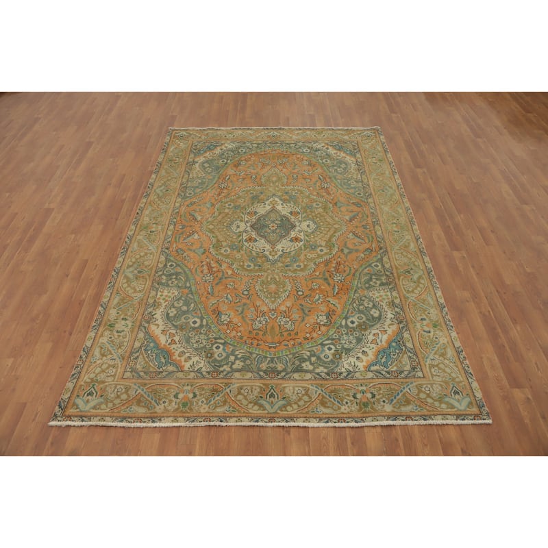 Hand Knotted Oriental 100% Wool Carpet Traditional Floral Oranges & Rust Tabriz Area Rug - 9' 4'' X 6' 5''