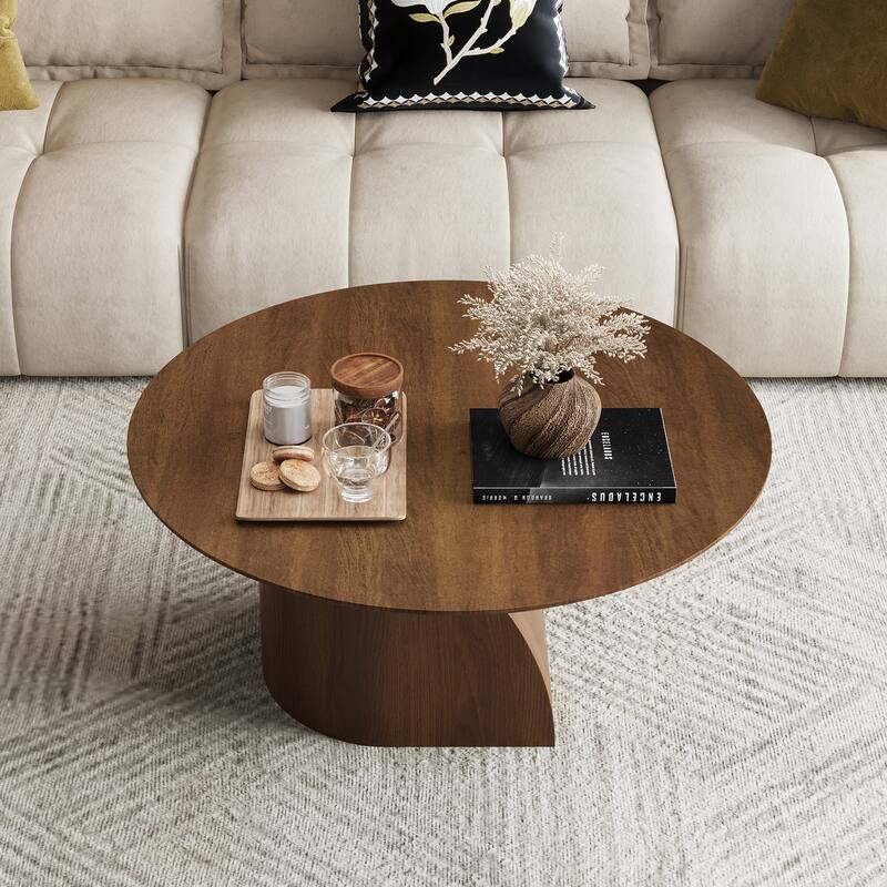 35.4" Mid-Century Modern Round Coffee Table-Solid Wood Veneer,Sturdy Curved Base