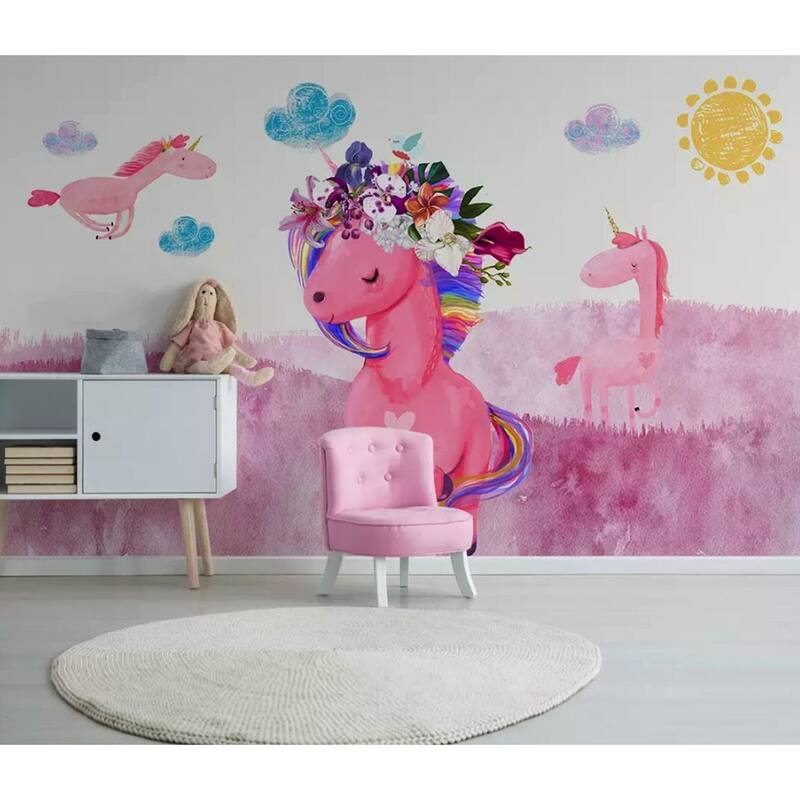 GK Wall Design Cartoon Unicorn Pink Little Horse Kids Removable Wallpaper