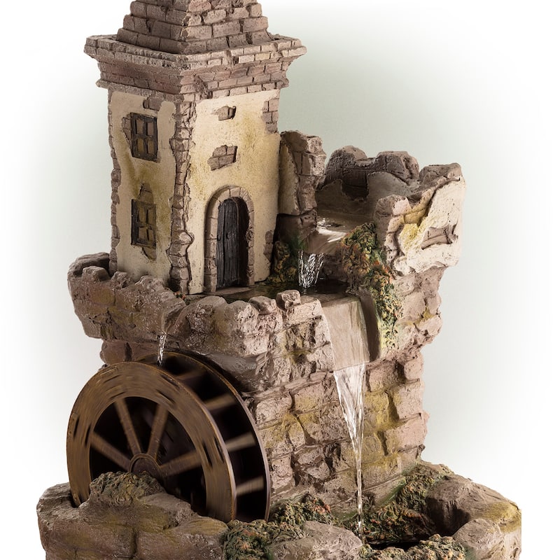 Alpine Corporation USA1368 35" Brown Tower Castle Fountain with Color Changing LED Lights