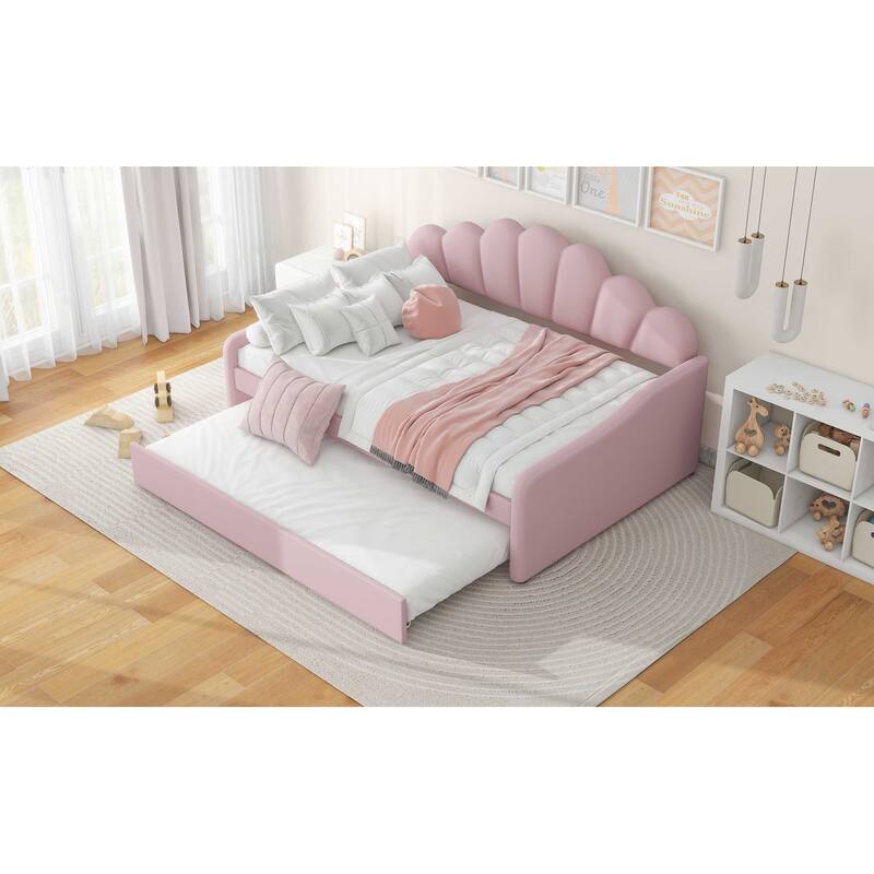 Pink Full Size Velvet Upholstered Daybed with Trundle and Shaped Backrest