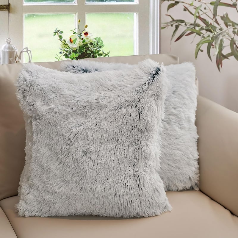 Cheer Collection Super Soft Shaggy Long Hair Throw Pillows Set of 2 Plush Accent Cushions - 18" x 18" - Blue Ombre