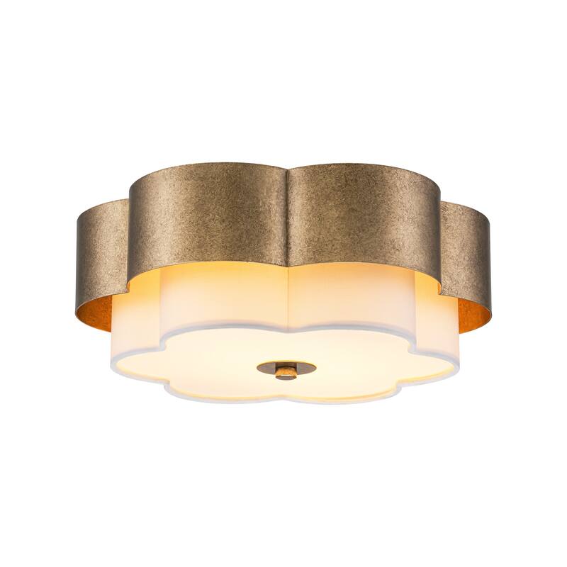 13.8" W Mid-Century Modern Tiered Flower/Circluar Drum Ceiling Light in Distressed Stain Gold with White Fabric Shade