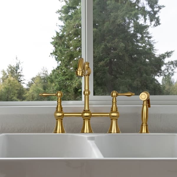 360° Rotatable Bridge Kitchen Faucet With Side Sprayer – 8" High Arc, 2-Handle Brass, 3-Hole Deck Mount, Vintage Gold Finish
