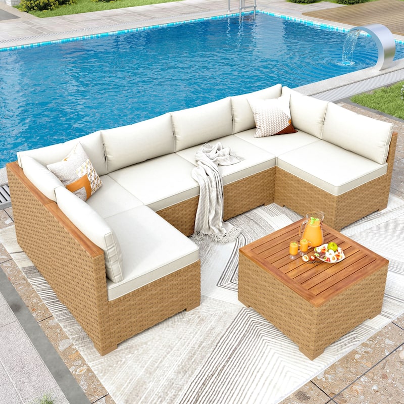 MAISON ARTS Outdoor Sofa Set，All-Weather Solid Wood Wicker Sectional Furniture Set with Dust Cover Included - 6-Seat + Table