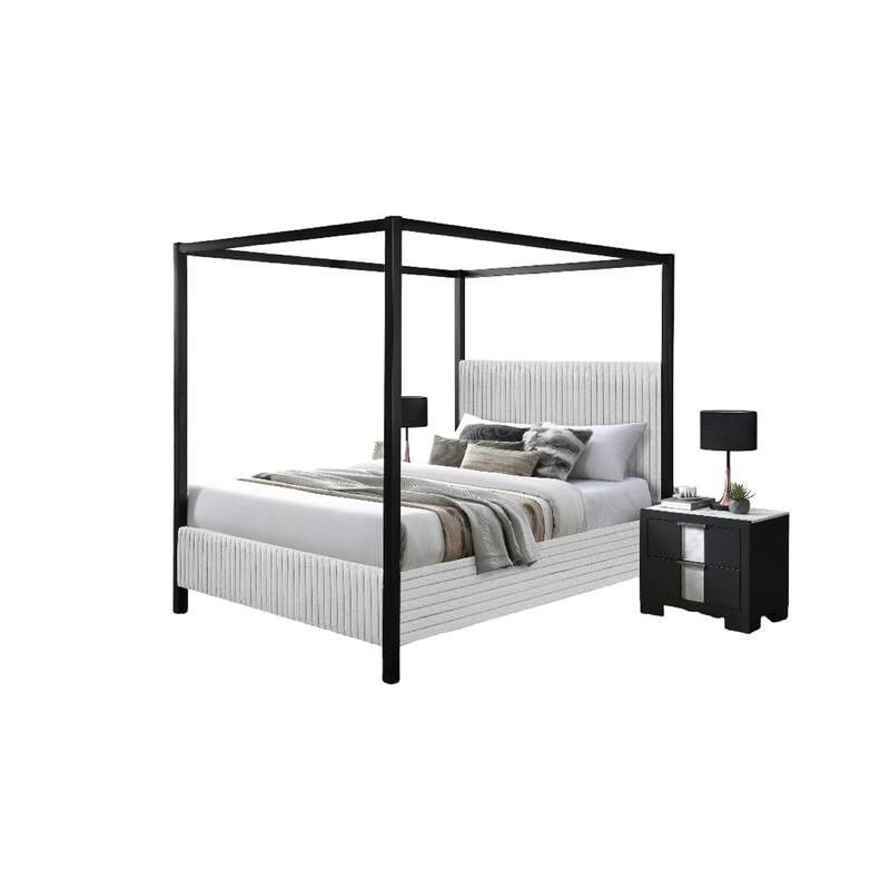 Modern Canopy Queen Bed with Upholstered Headboard, Light Gray