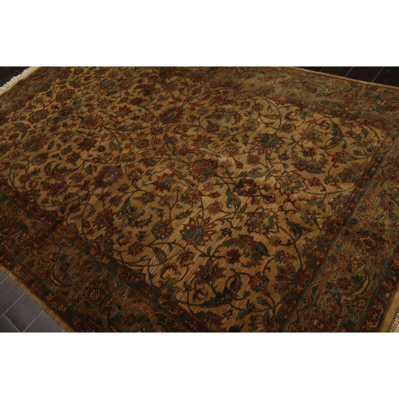 6'2''x9'5'' Hand Knotted Gold Wool Agra Botanical Gold Wash Silky Sheen Rug - 6' 2'' x 9' 5''