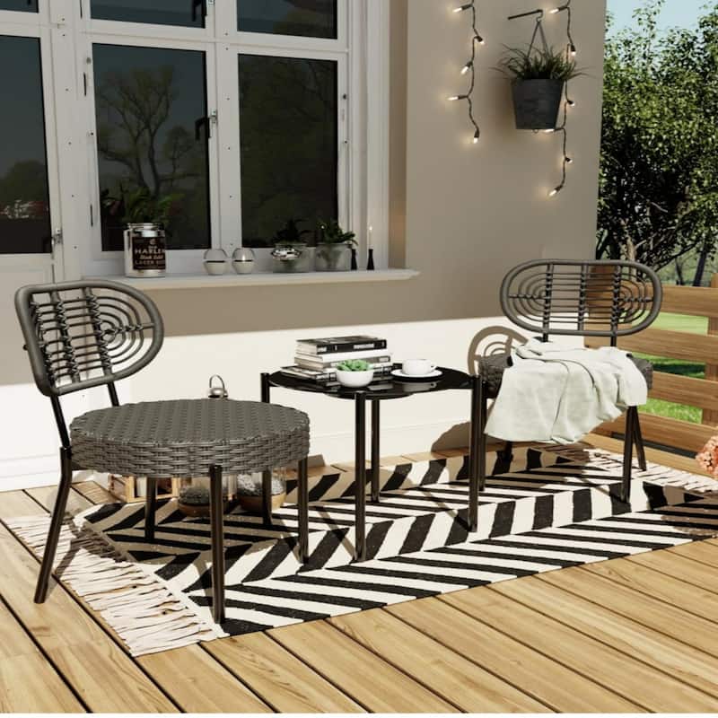 3 Piece Outdoor Bistro Set, Patio Rattan Bistro Set with Coffee Table, Black Steel Frame + Grey Rattan - N/A - Grey