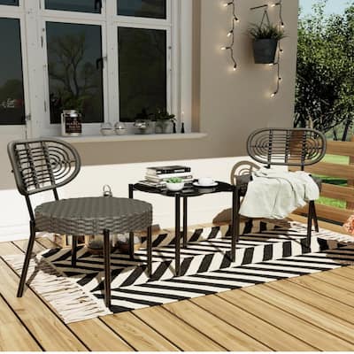 3 Piece Outdoor Bistro Set, Patio Rattan Bistro Set with Coffee Table, Black Steel Frame + Grey Rattan - N/A