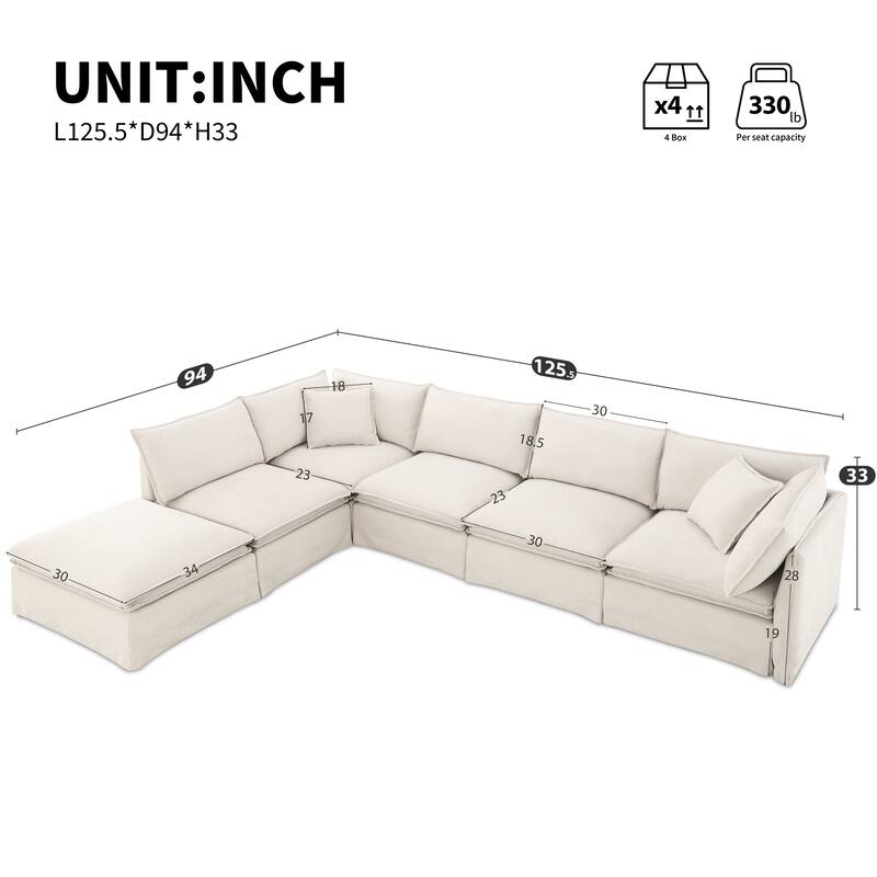 L Shape Modular Sectional Sofa with Ottoman, Oversized Chenille Upholstered 6-Seat Sofa, High Density Sponge Corner Sofa - Off White