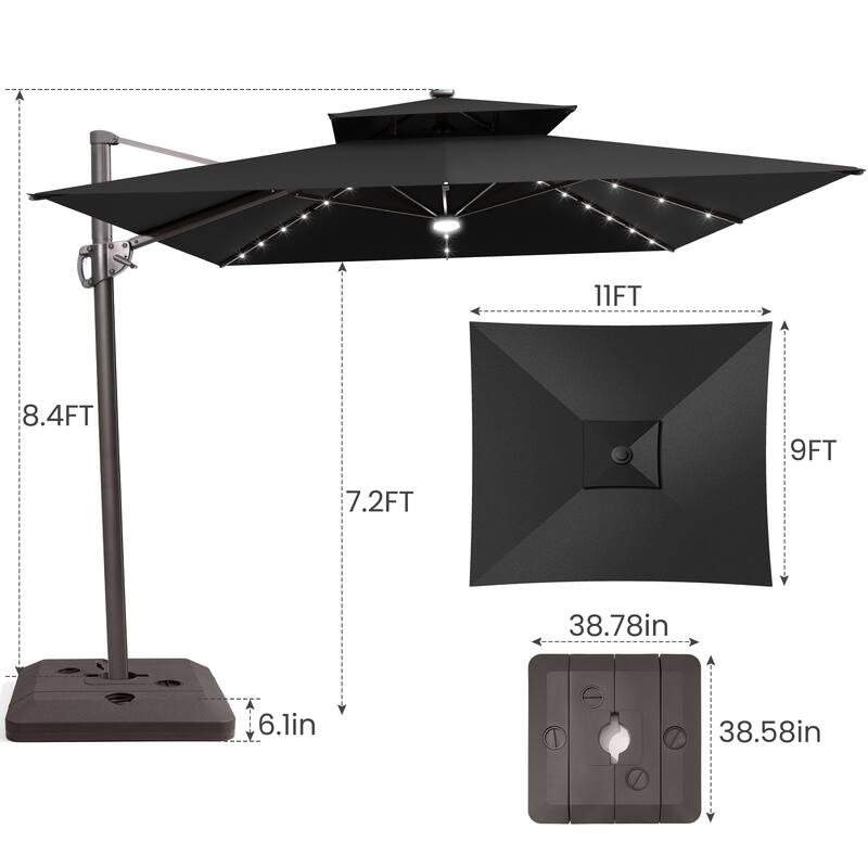 9 FT x 11 FT Outdoor Double Top LED Lighted Patio Cantilever Umbrella with Base