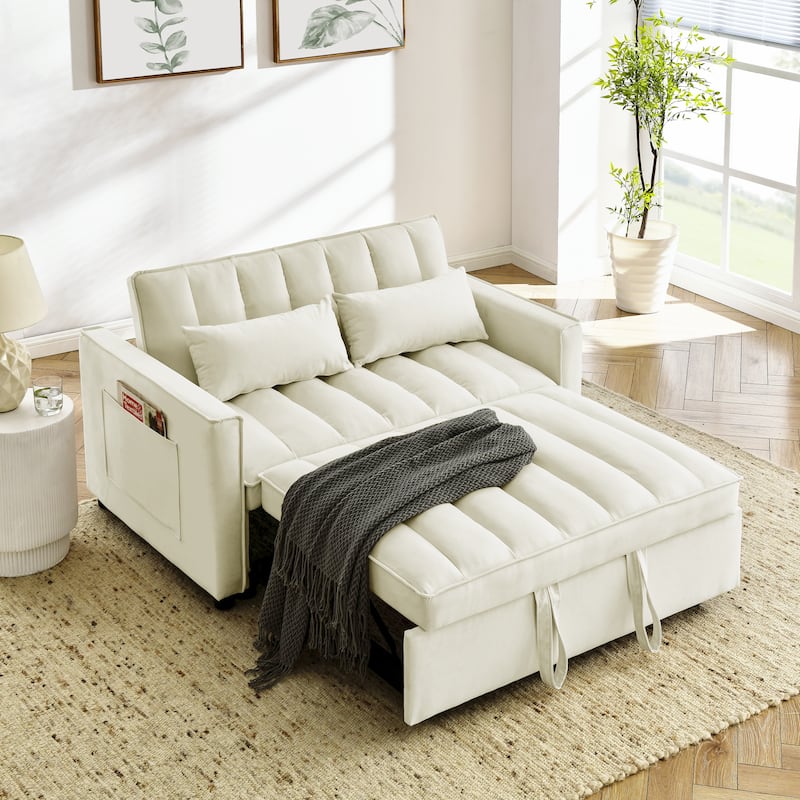 Velvet 3 in 1 Pull Out Loveseat Sofa Convertible Sleeper Love Seat Bed Adjustable Backrest Tufted Couch with 2 Pillow & Pockets - Beige