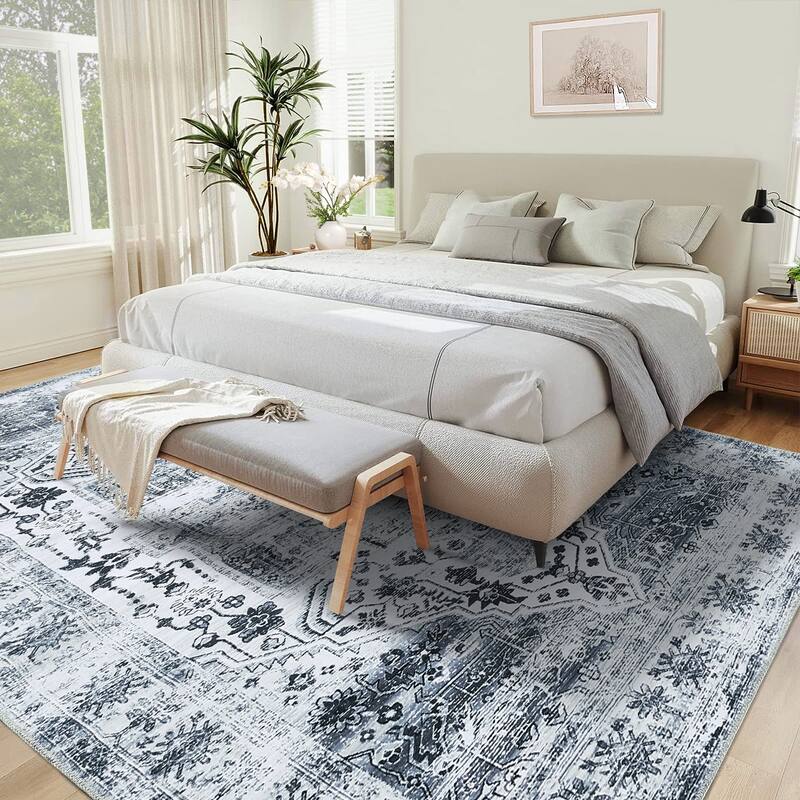 Vintage Medallion Living Room Rug Washable Soft Non-Slip Low Pile Area Rug Indoor Distressed Accent Rug