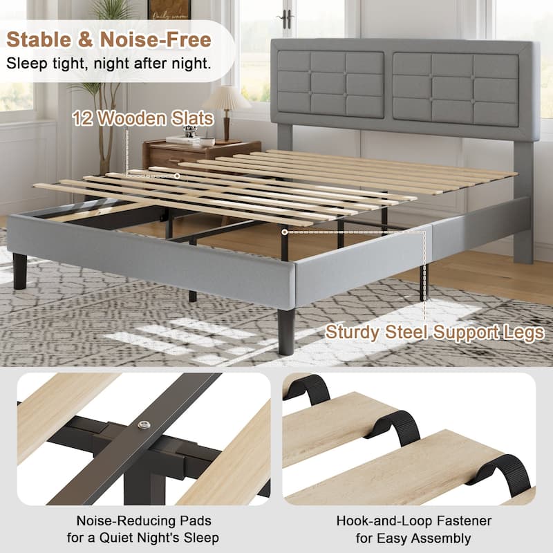 Javlergo Modern Upholstered Platform Bed Frame with Height Adjustable Tufted Headboard
