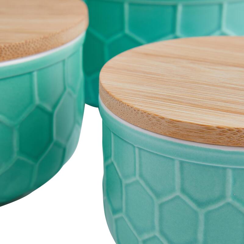 Set of 3 Round Mint Green Stoneware Bowls with Bamboo Lids