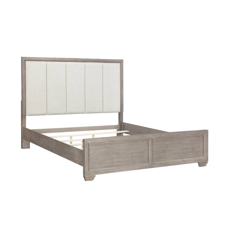 Roundhill Furniture Ennesley Gray Wood Bedroom Set with Upholstered Panel Bed, Dresser, Mirror, Nightstand, and Chest