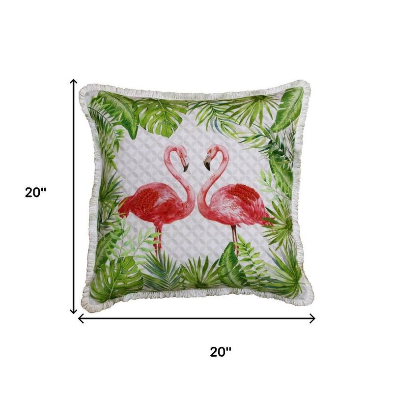 20" Off White Pink And Green Flamingo Throw Pillow Cover with Fringe