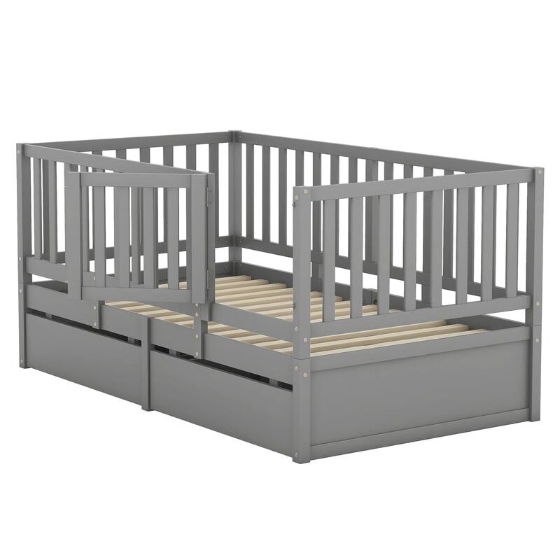 Wood Daybed with Fence Guardrails and 2 Drawers, Split into Independent Floor Bed & Daybed