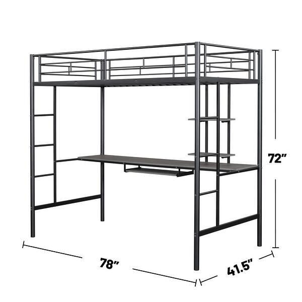 Metal Twin Loft Bed with Built-in Keyboard Tray in Black