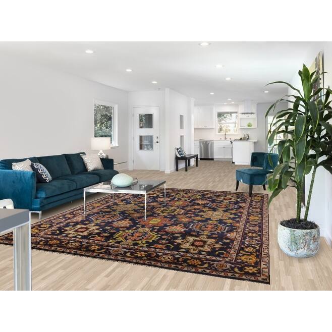 All-Over Blue Geometric Oushak Oriental Area Rug Handmade Wool Carpet - 7'10"x 10'4"