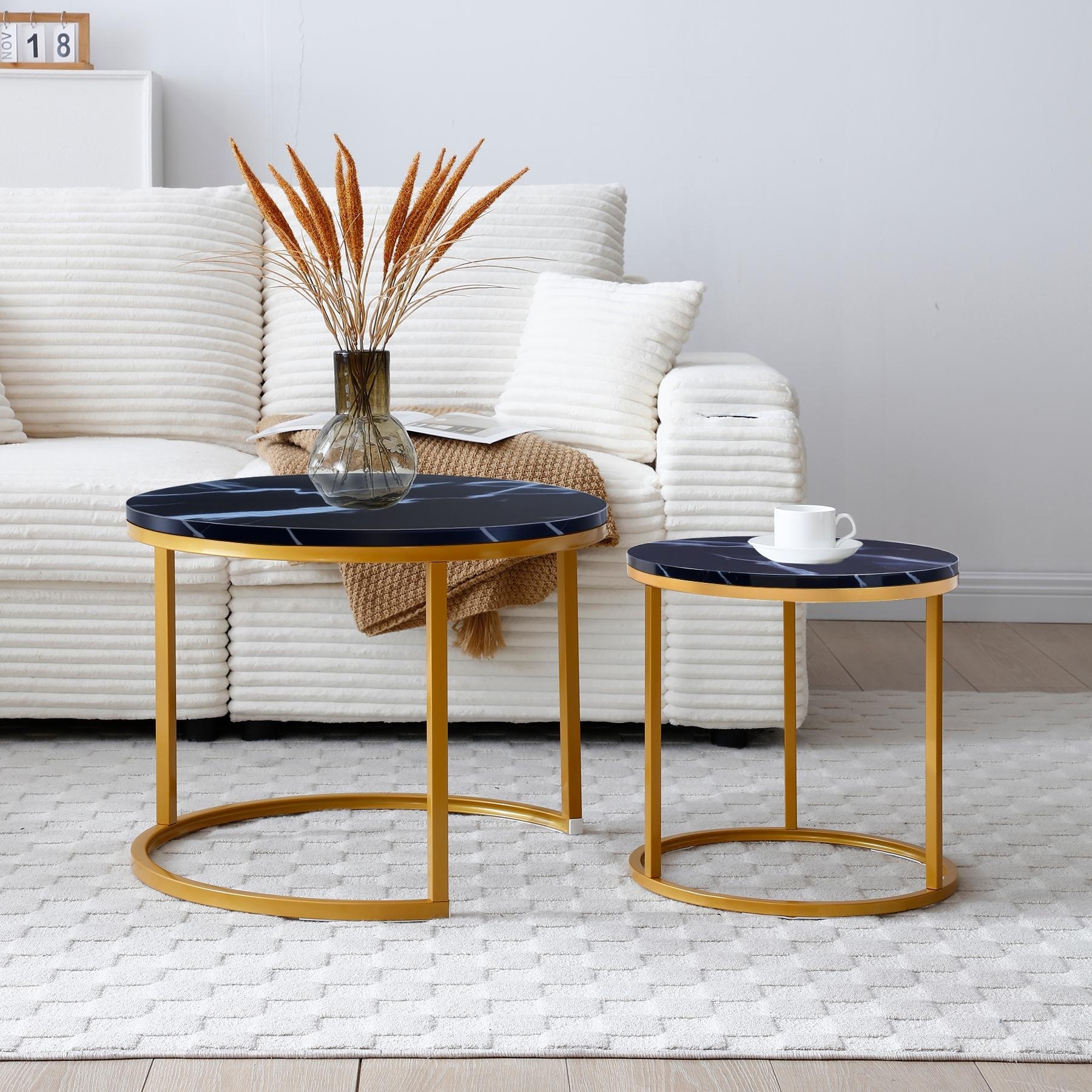 Round Coffee Table Nesting Table with Metal Legs, Black Side Table End Table Sofa Table Accent Table