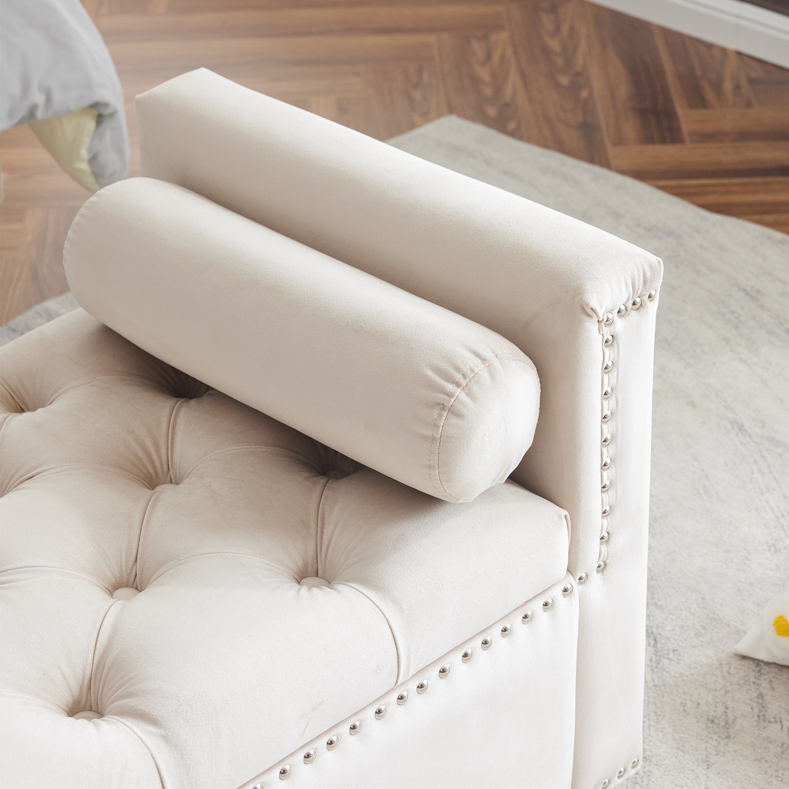 Mid-Century Storage Ottoman Bench With Rolled Arms - Velvet Upholstered, Tufted, For Bedroom Or Living Room