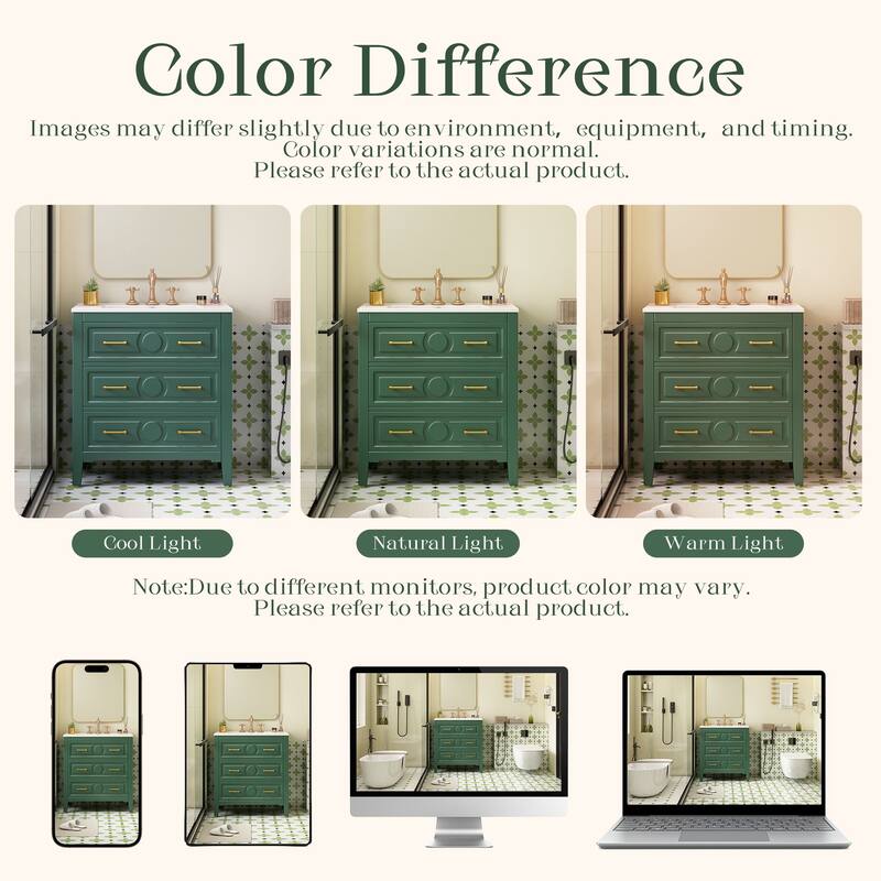 30-Inch Retro Green Bathroom Vanity with Ceramic Sink, Solid Wood Frame, and Soft-Close Drawers