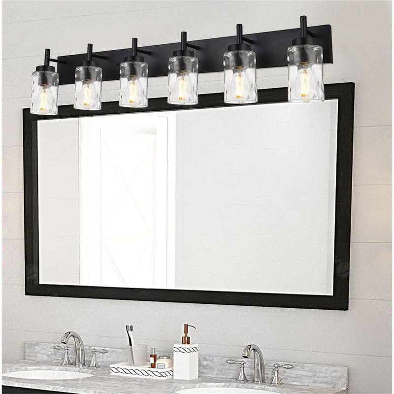 6-Light Black Vanity Light with Hammered Glass - Matte Black