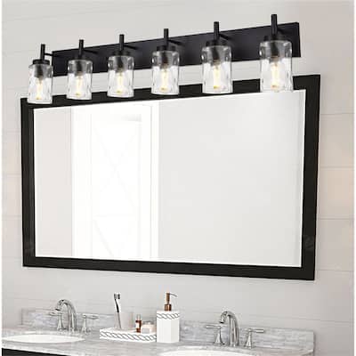 6-Light Black Vanity Light with Hammered Glass