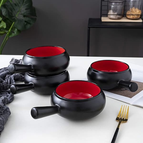 Bruntmor 17 OZ Porcelain French Onion Soup Bowls With Handle Set of 4 Black