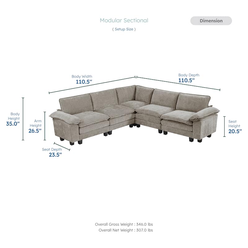 Terra Chenille 5-Piece Modular Sectional Sofa - Wood Finish Feet