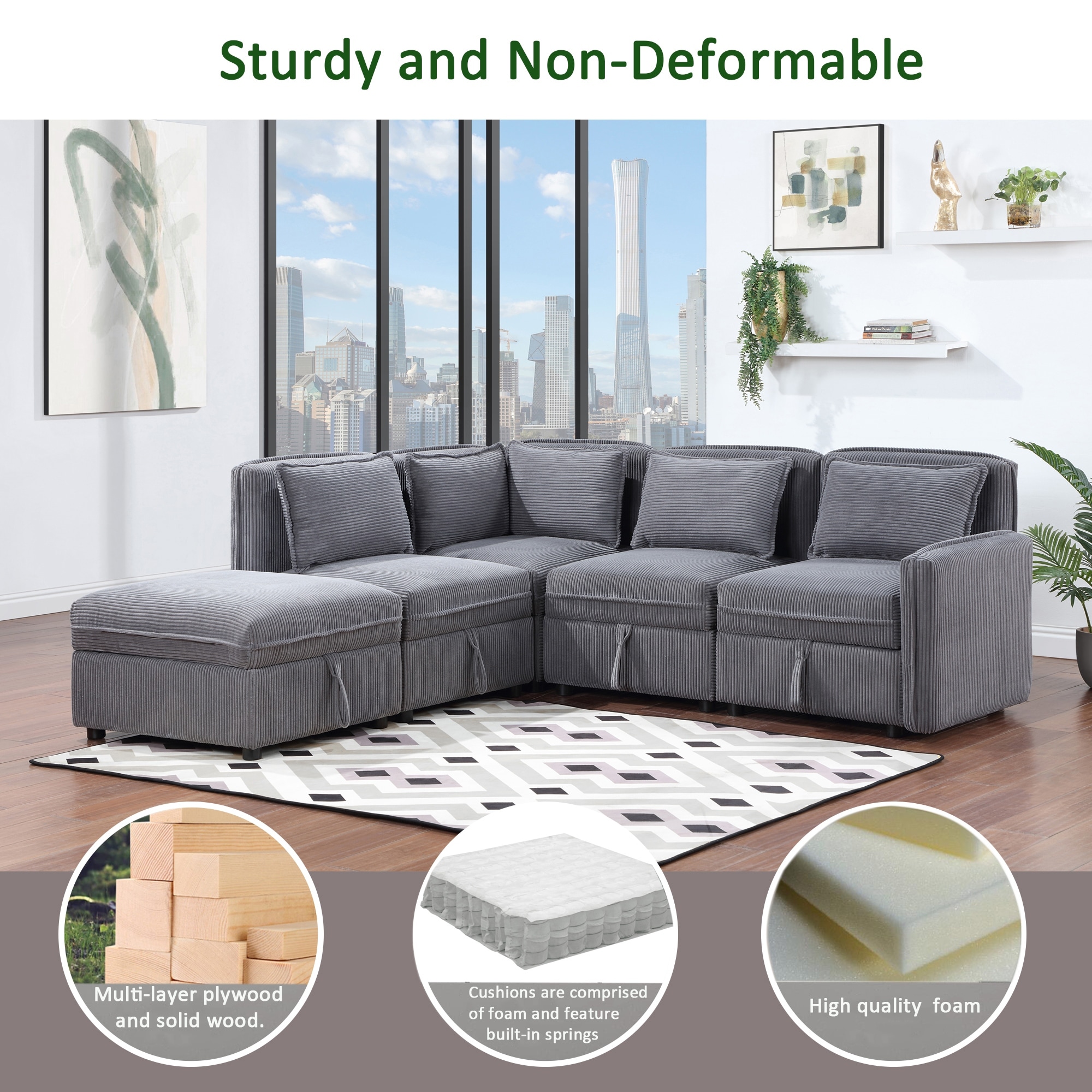 5 seat Sectional Sofa Sets Dark Gray L shape Modular Chaise Lounge