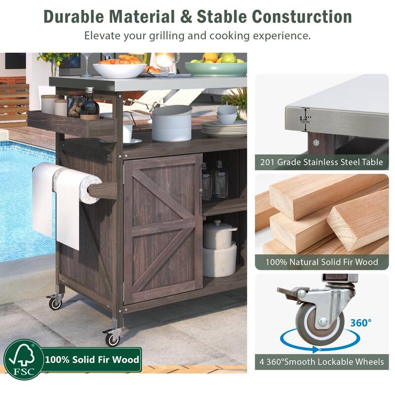 Stainless Steel Top Kitchen Island on Wheels, Outdoor Kitchen Cart, Dark Brown Solid Wood Storage Cabinet with Removable Shelfs