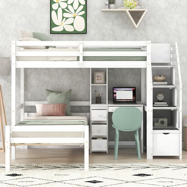 slide 2 of 17, Modern Design Twin Size Loft Bed with Stand-alone Bed, Storage Staircase, Desk, Shelves & Drawers
