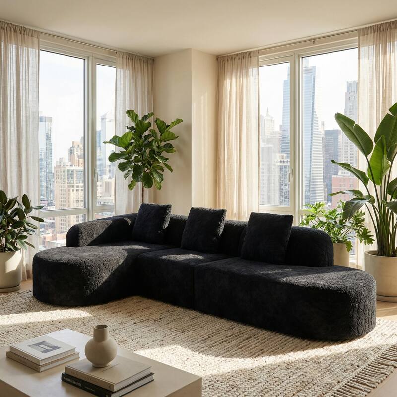 Homylin 112" Curved L-Shaped Modular Sofa with Chaise, 3-Seat Polyester - Black