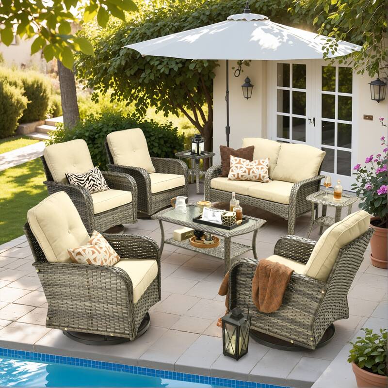 HOOOWOOO 8-piece Wicker Rattan Outdoor Furniture Patio Swivel Chair Set - Beige