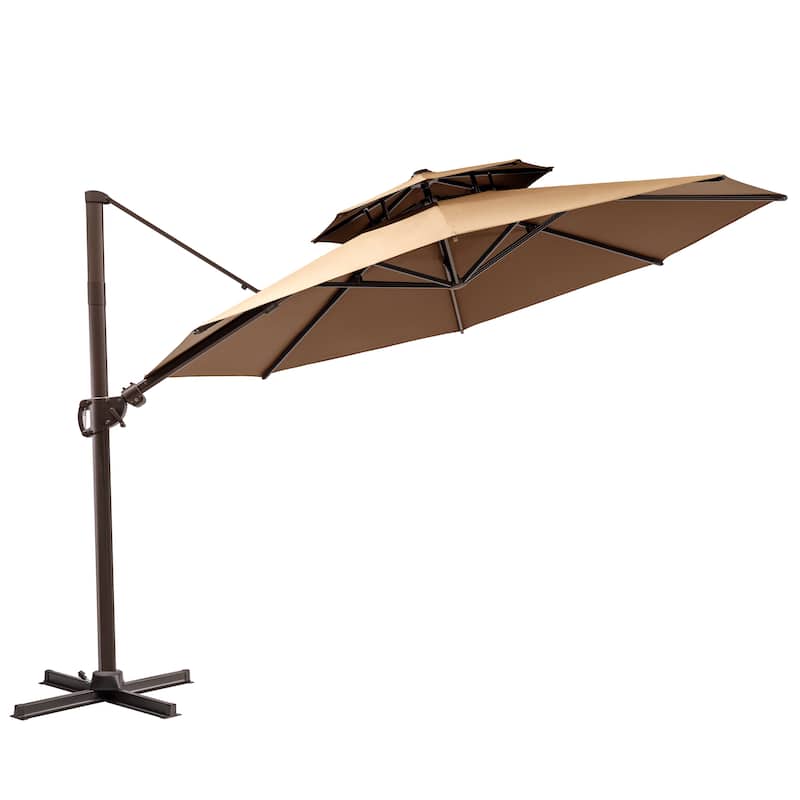 11 ft Outdoor Aluminum Dual Top Solar Powered LED Lighted Patio Cantilever Umbrella and Weighted Base