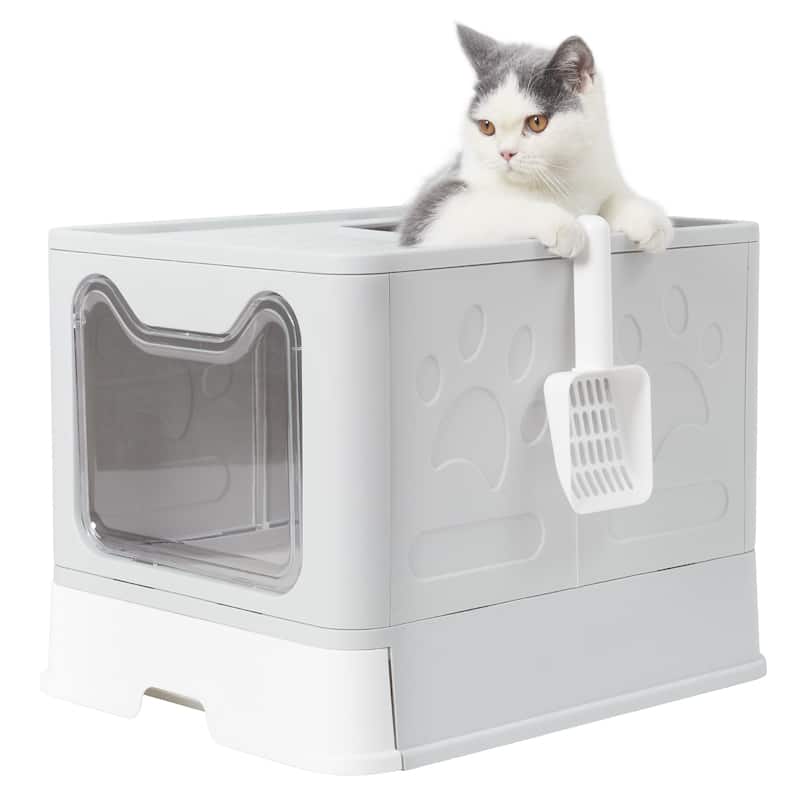 Foldable Cat Litter Box with Lid Large Top Entry Cat Toilet - Grey