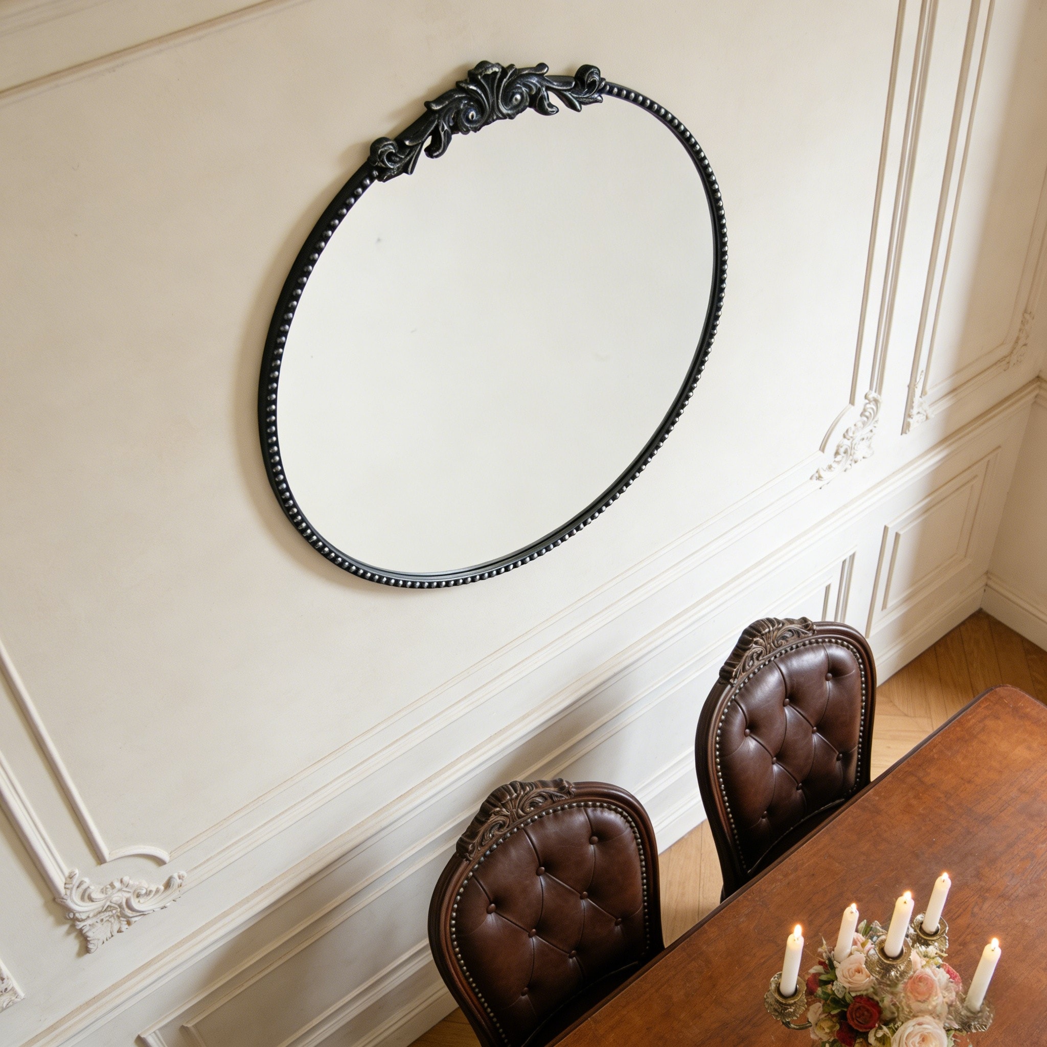24-inch round metal carved wall mirror, gold or black vintage