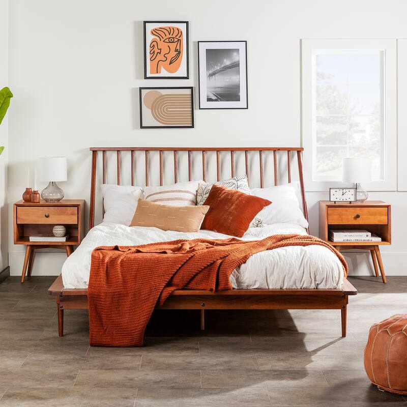 Mid-Century Modern Queen Platform Bed Frame with Spindle Headboard in Walnut