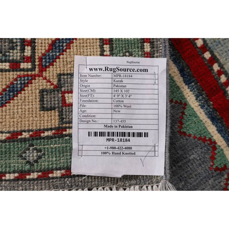 Gray Geometric Kazak Foyer Rug Hand-Knotted Traditional Wool Carpet - 3'4" x 4'9"