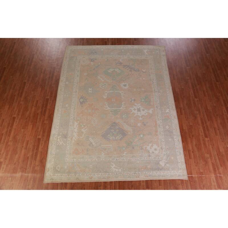 Hand Knotted Oriental 100% Wool Carpet Transitional All-Over Peach Oushak Area Rug - 12' 0'' X 9' 1''
