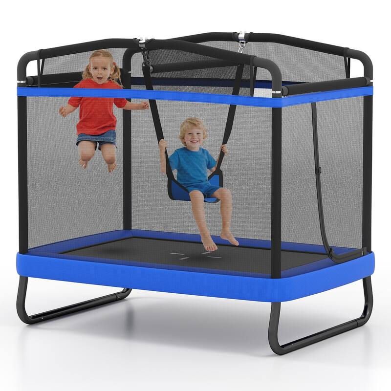 Gymax 6 FT Kids Trampoline w/Swing & Horizontal Bar Safety Enclosure - Blue