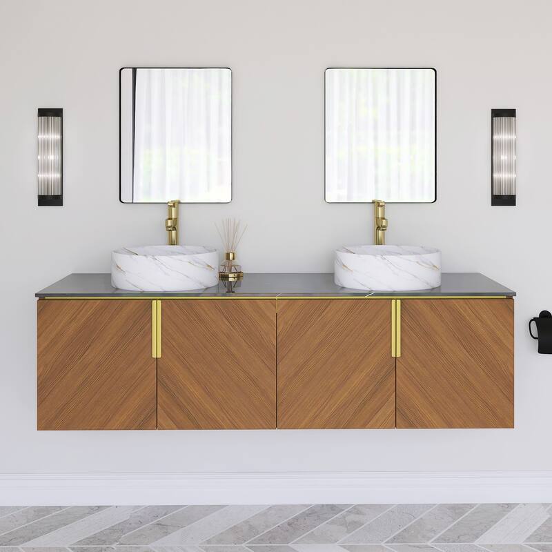 Wall-Mounted Bathroom Vanity with Stone White Ceramic Sink - 59.84'' x 19.69'' x 20.9''