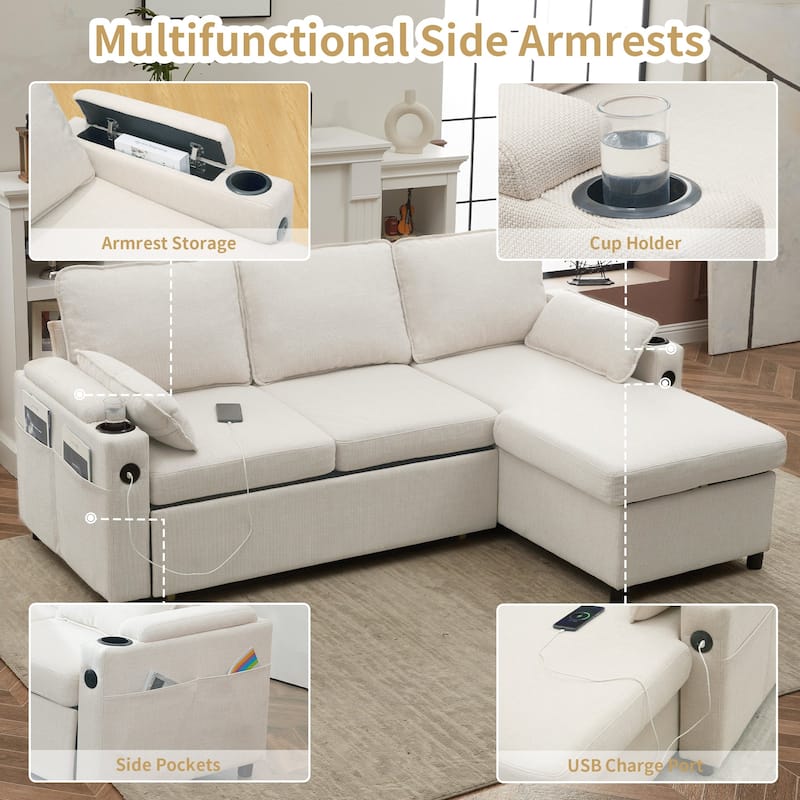 80" L-Shaped Sofa Couch Bed, Sofa Sleeper with Pull Out Bed, Reversible Sleeper Sofa Bed